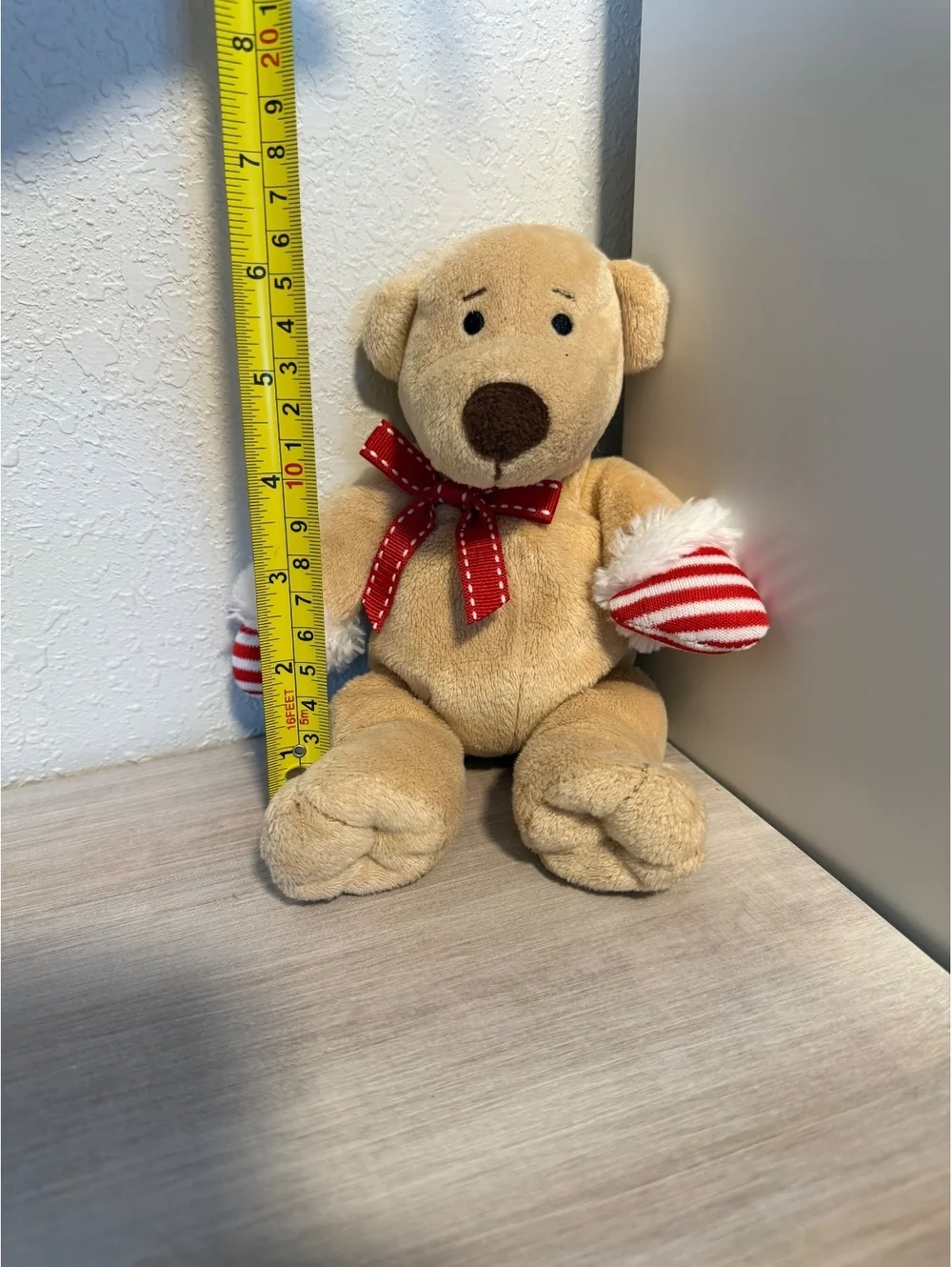 Cute Beige Plush Teddy Bear with Red Bow and Striped Mittens
